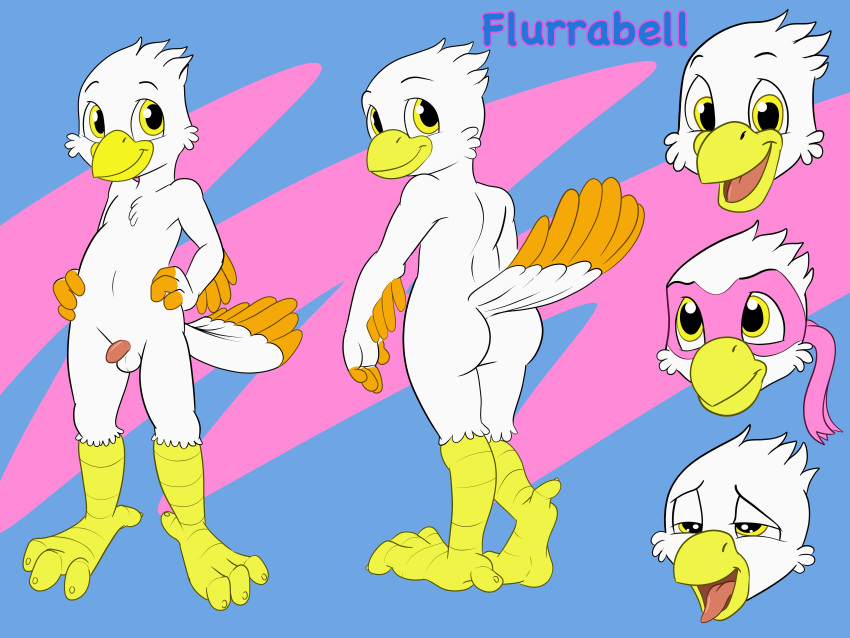 4:3 absurd_res anthro ass avian balls beak bird black_pupils character_name cheek_tuft compfive facial_tuft feather_tuft feathers genitals head_tuft hi_res looking_at_viewer male model_sheet monotone_balls monotone_beak monotone_genitals nude open_beak open_mouth orange_body orange_feathers penis pink_tongue scutes smile solo tail_feathers tongue tuft two_tone_tail white_balls white_body white_feathers yellow_beak yellow_eyes young