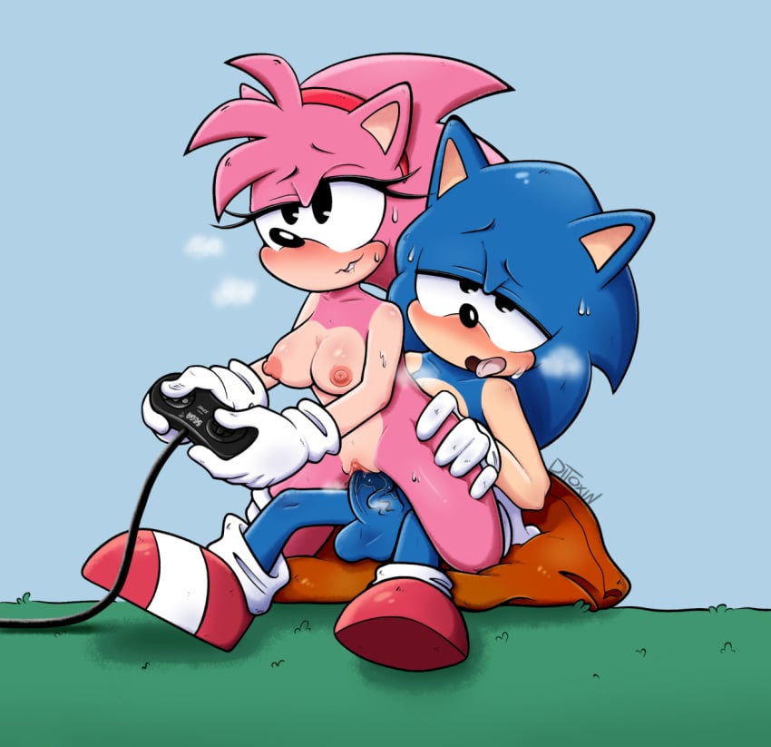 aged_up ahe_gao amy_rose anthro anthro_on_anthro anthro_penetrated anthro_penetrating anthro_penetrating_anthro balls bodily_fluids breasts classic_amy_rose classic_sonic clothing controller couple ditoxin duo electronics erection eulipotyphlan exposed_torso female female_penetrated footwear furry genital_fluids genitals gloves handwear hedgehog hi_res humanoid legwear looking_pleasured male male_penetrating male_penetrating_female mammal mostly_nude nipples penetration penis pussy pussy_juice sega sex signature socks sonic_(series) sonic_the_hedgehog sonic_the_hedgehog_(series) straight vaginal_penetration video_games