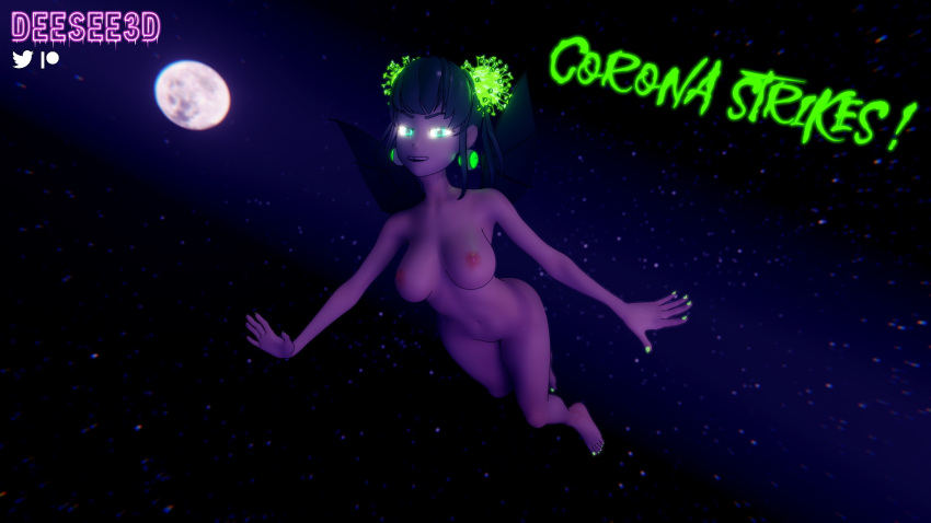 bat bat_wings big_breasts breasts breasts_out colored_nails corona_chan coronavirus covid-19_pandemic deesee3d earrings feet flying green_nail_polish green_nails moon moonlight night nipples nude nude_female outside stars text toes