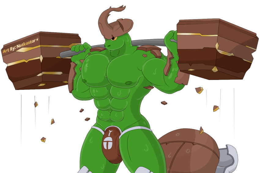 3:2 alpha_channel anthro arthropod beetle bodily_fluids bulge clothing exercise horn insects jockstrap kragg lifting male male_only muscular muscular_male nipples notkastar pecs rivals_of_aether signature simple_background solo sweat underwear video_games workout