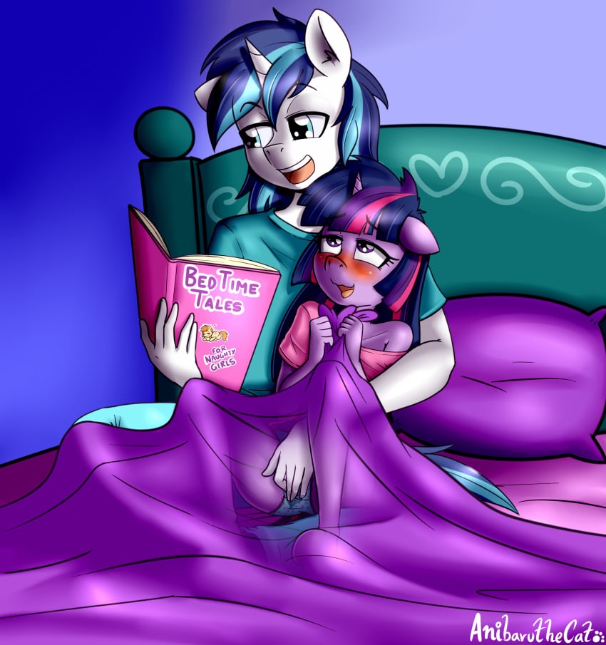 2020 5_fingers absurd_res anibaruthecat anthro anthro_on_anthro bed blush book brother brother_and_sister clothing cub dialogue duo english_text equid eyebrows eyelashes female fingers friendship_is_magic furniture furry hi_res holding_book holding_object horn incest male mammal my_little_pony on_bed open_mouth purple_eyes sex shining_armor_(mlp) sibling sister straight text twilight_sparkle_(mlp) unicorn unicorn_horn wet wet_clothing young