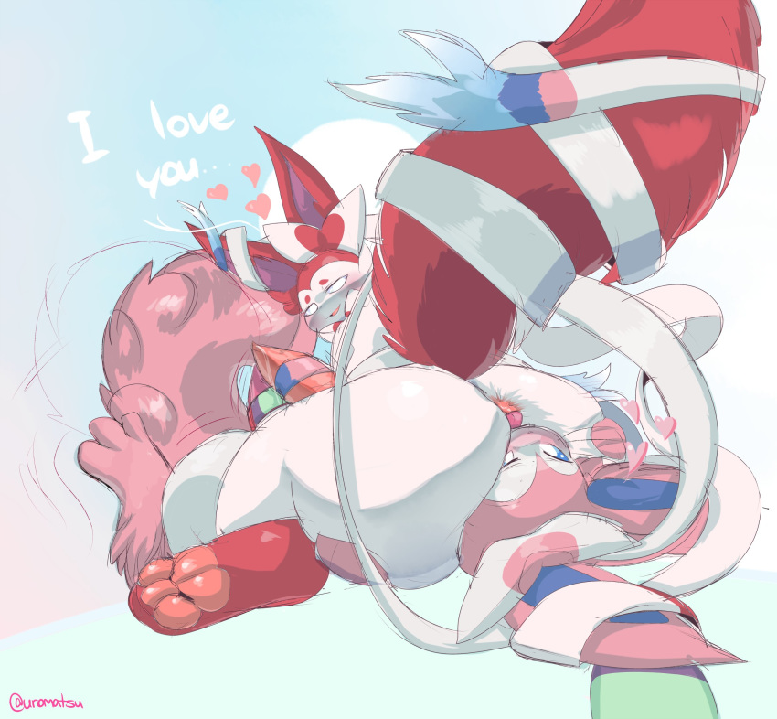 2boys alternate_color anal ass big_butt blue_eyes dialogue ear_bow eeveelution facesitting feral feral_on_feral frottage fur furry gay heart hi_res male nintendo oral original_character pawpads pink_body pink_fur pokémon_(species) pokemon pokemon_xy red_body red_fur ribbonjob rimjob simple_background sylveon tail text tongue tongue_out uromatsu video_games watermark white_body white_fur yaoi