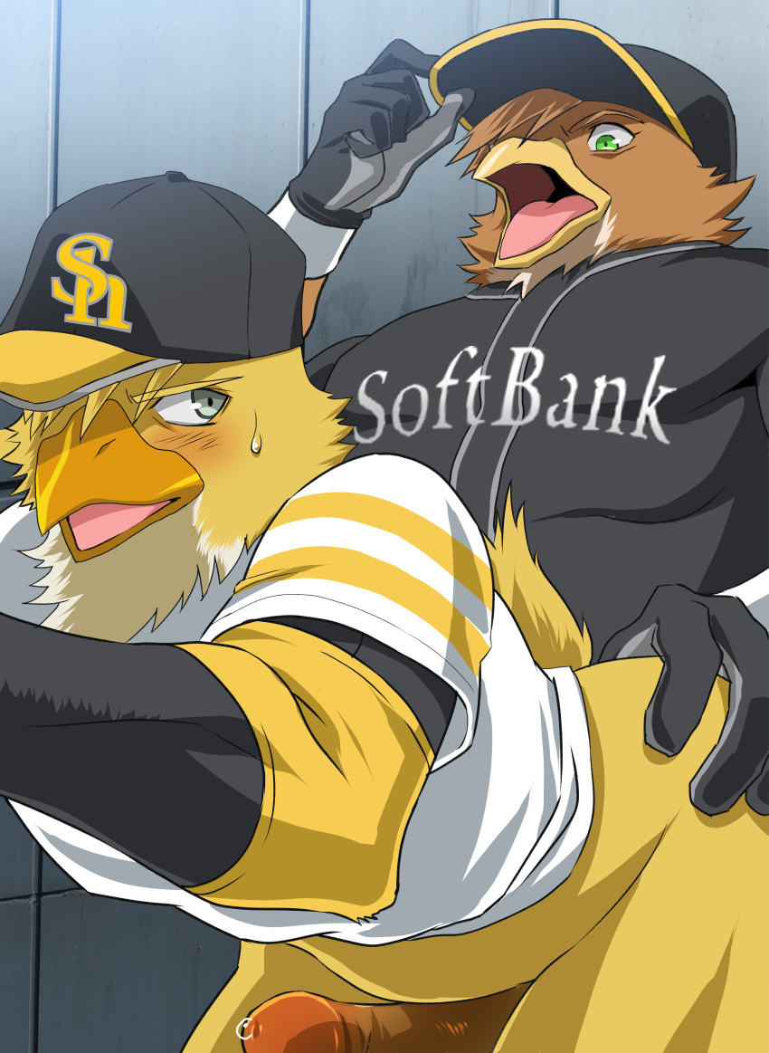 accipitrid accipitriform anthro anthro_on_anthro avian beak bird blush bodily_fluids clothed clothing duo feather_tuft feathers fukuoka_softbank_hawks genital_fluids genitals hand_on_butt harry_hawk herculy_hawk hi_res humanoid_genitalia humanoid_penis male male/male monotone_beak nippon_professional_baseball open_beak open_mouth penis precum q14658091 sweat tongue topwear tuft white_clothing white_topwear yellow_body yellow_feathers