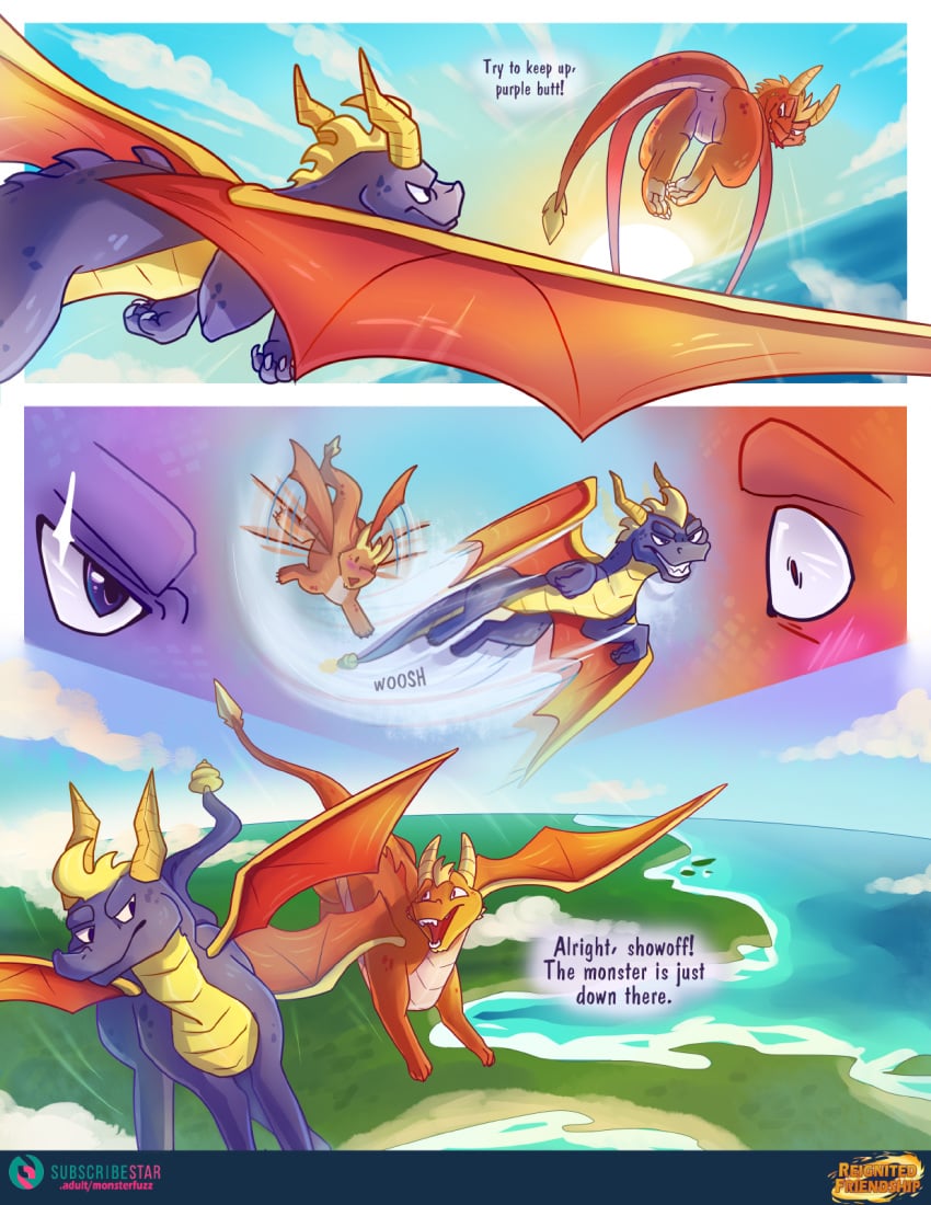 2boys activision anus ass blush cloud comic dialogue dragon duo english_text feral flame_(spyro) flying hi_res high-angle_view landscape male monsterfuzz rear_view sea sky speech_bubble spyro spyro_reignited_trilogy spyro_the_dragon subscribestar video_games water