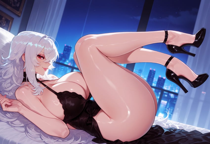 1girl 1girls ai_generated ass azur_lane balecxi bare_shoulders bed bedroom black_dress black_footwear breasts choker cityscape cleavage clothing curvaceous curvaceous_female curvaceous_figure curvy curvy_figure dress evening_gown female female_focus from_side full_body graf_zeppelin_(azur_lane) halterneck high_heels huge_breasts indoors inviting inviting_to_sex large_breasts legs legs_up long_hair looking_at_viewer lying messy_hair night nightgown no_panties official_alternate_costume on_back on_bed pillow presenting presenting_ass presenting_breasts presenting_hindquarters presenting_self red_eyes seductive seductive_look seductive_smile shoes sky sleeveless smile solo stiletto_heels strappy_heels thick_thighs thighs very_long_hair voluptuous voluptuous_female white_hair window