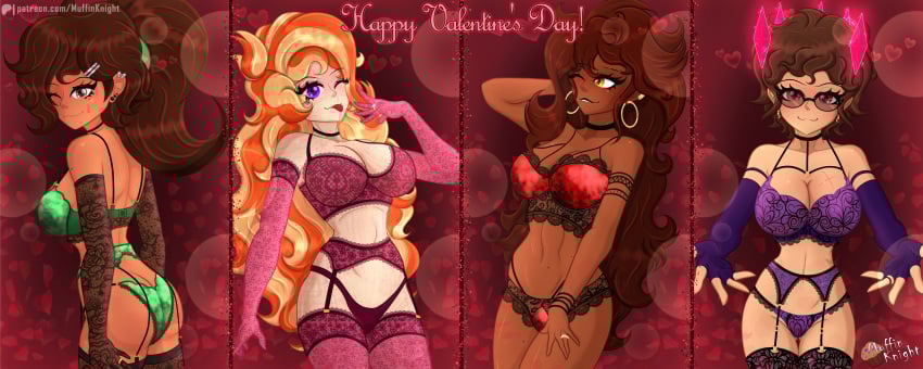 4girls april_(muffinknight) artist_self-insert ass ass_focus athletic_body athletic_female auburn_hair back_view bicep_gloves black_lipstick blonde_hair blush bra brown_hair choker cleavage crystals dark-skinned_female dark_skin detached_sleeves fingerless_gloves floating_crystals freckles freckles_all_over freckles_on_breasts freckles_on_face garter_straps garterbelt ginger ginger_female green_eyes green_underwear heart hoop_earrings hourglass_figure lace lace_gloves lacy_gloves lacy_panties lacy_underwear large_ass large_breasts lingerie lipstick long_hair looking_at_viewer looking_over_shoulder mole mole_on_breast mole_on_face mole_under_eye muffin_(muffinknight) muffinknight orange_hair pale-skinned_female pale_skin panties patreon patreon_username perky_ass pink_lingerie pink_underwear ponytail purple_eyes purple_underwear reaching_out reaching_towards_viewer red_background red_eyes red_lingerie red_underwear rose_petals roxy_(muffinknight) scar scar_on_breast scar_on_face short_hair sideboob simple_background smiling smiling_at_viewer star_(muffinknight) stockings streaked_hair tan_skin tattoo tattoo_on_face underwear valentine's_day violet_underwear wedding_band wedding_ring wide_hips wink winking winking_at_viewer yellow_eyes