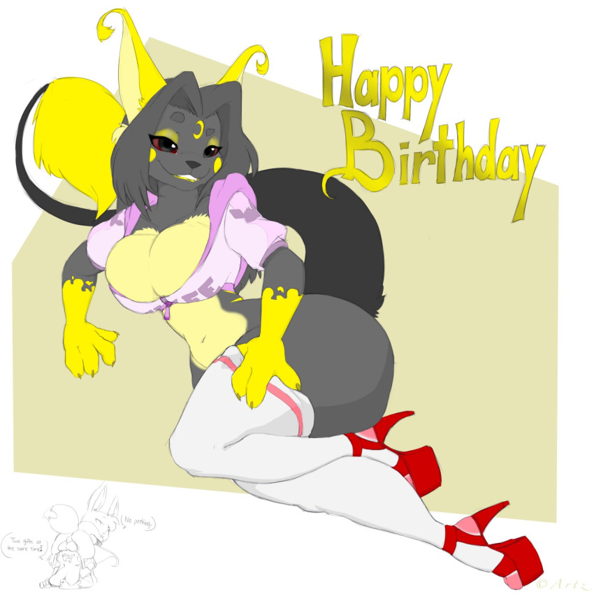 1:1 1boy 1girls alternate_color anthro anthrofied artz artz_(eevee) ass big_breasts big_butt birthday breasts cleavage cleavage_overflow clothed clothing curvy_figure eevee eye_contact female feral footwear furry group half-closed_eyes hi_res high_heels interspecies kuroodod_(fursona) larger_female legwear looking_at_viewer nintendo original_character partially_colored pokémon_(species) pokemon pokemon_(species) pokemon_rgby raichu shoes size_difference sketch smaller_male solo_focus stockings testicles testicles_on_face topwear video_games