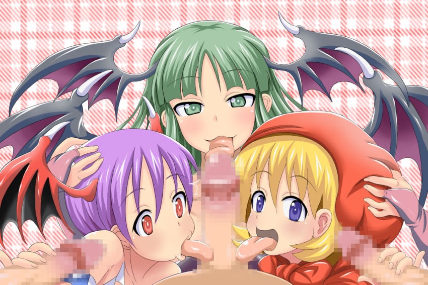 3girls baby_bonnie_hood bulleta censored clothing cute darkstalkers female handjob lilith_aensland lolee morrigan_aensland oral_sex penis sisters succubi succubus sucking tagme