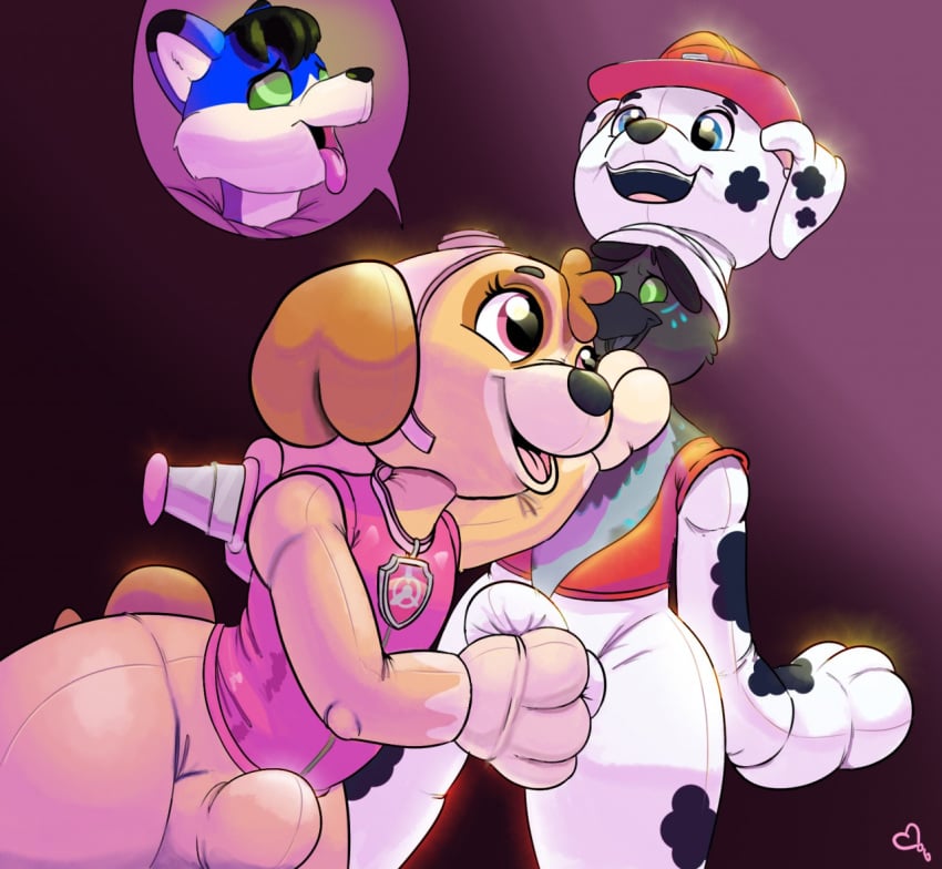 anthro avian backpack bird bound bulge canid canine canis clothing cockapoo collar costume dalmatian domestic_dog encasement fursuit hand_on_bulge hypnosis kastmi male male/male mammal marshall_(paw_patrol) mind_control mixed_breed paw_patrol plushie plushification plushsuit skye_(paw_patrol) what wolf