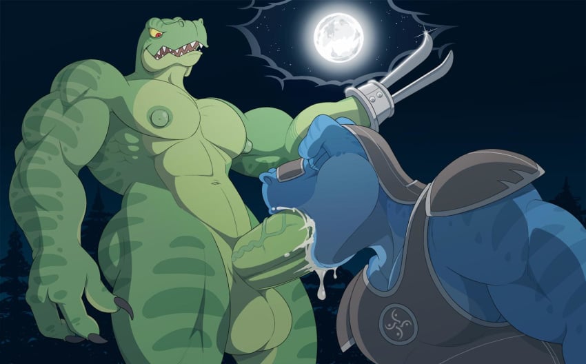 anthro anti_dev balls biceps bodily_fluids cum digital_media_(artwork) dinosaur duo general_scales genital_fluids genitals green_balls green_penis hi_res humanoid_genitalia humanoid_penis male male/male mammal muscular nintendo nipples nude oral pecs penis reptile scalie sharpclaw star_fox video_games