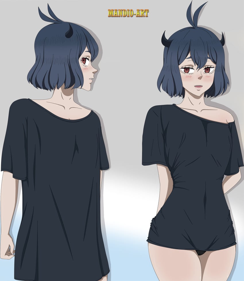 black_clover black_hair black_panties black_shirt blush horns mandio_art red_eyes secre_swallowtail shirt short_hair