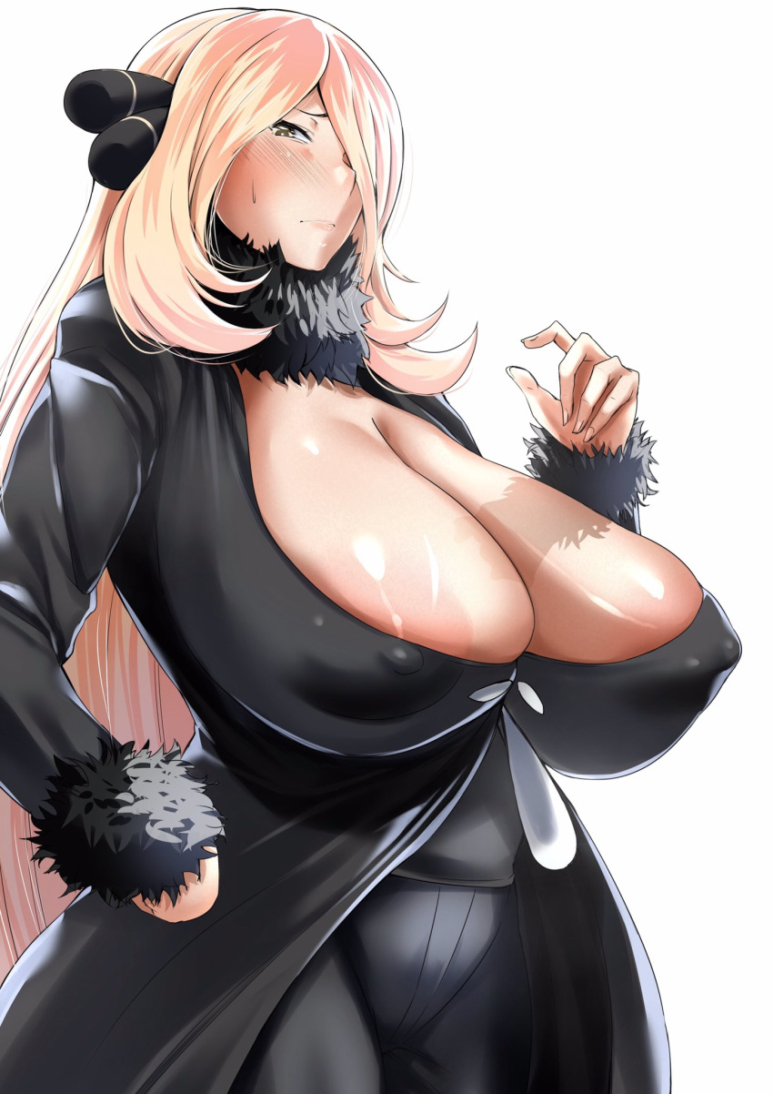 1girls alternate_breast_size areola areola_slip areolae big_areola big_breasts black_eyes blonde_hair blush cleavage cynthia_(pokemon) embarrassed eye_contact female female_only hair_over_one_eye half-closed_eyes huge_breasts human long_hair looking_at_viewer mature_female nintendo nipples nipples_visible_through_clothing pokemon pokemon_dppt solo sweat thick_thighs tomako_(tatihitoe) wide_hips