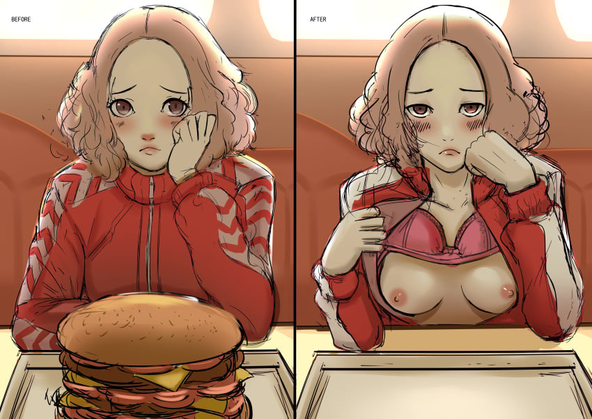 1girls atlus before_and_after big_burger blush blushing bra bra_lift breasts breasts_out burger curly_hair embarrassed erect_nipples exhibitionism female_only floofy_hair fluffy_hair food forehead frown haru_okumura nipples persona persona_5 pov sega track_suit wavy_hair