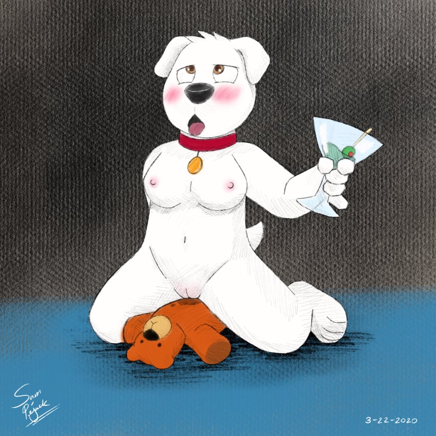 1:1 breasts brian_griffin canid canine canis domestic_dog family_guy female fur genderswap genitals hi_res mammal pussy rule_63 samuel_pejack teddy_bear white_body white_fur