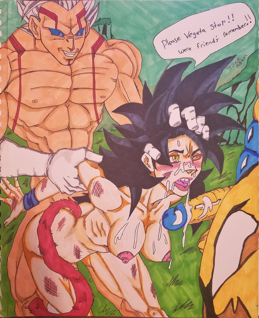 1girls 2boys abs baby_(dragon_ball) cum_on_body cum_on_face defeated dragon_ball dragon_ball_gt female_goku femsub gangbang interspecies maledom muscular_male nipples princeadam rape rule_63 saiyan saiyan_tail sex son_goku super_saiyan super_saiyan_4 tail threesome traditional_media_(artwork) tuffle tuffleization vegeta