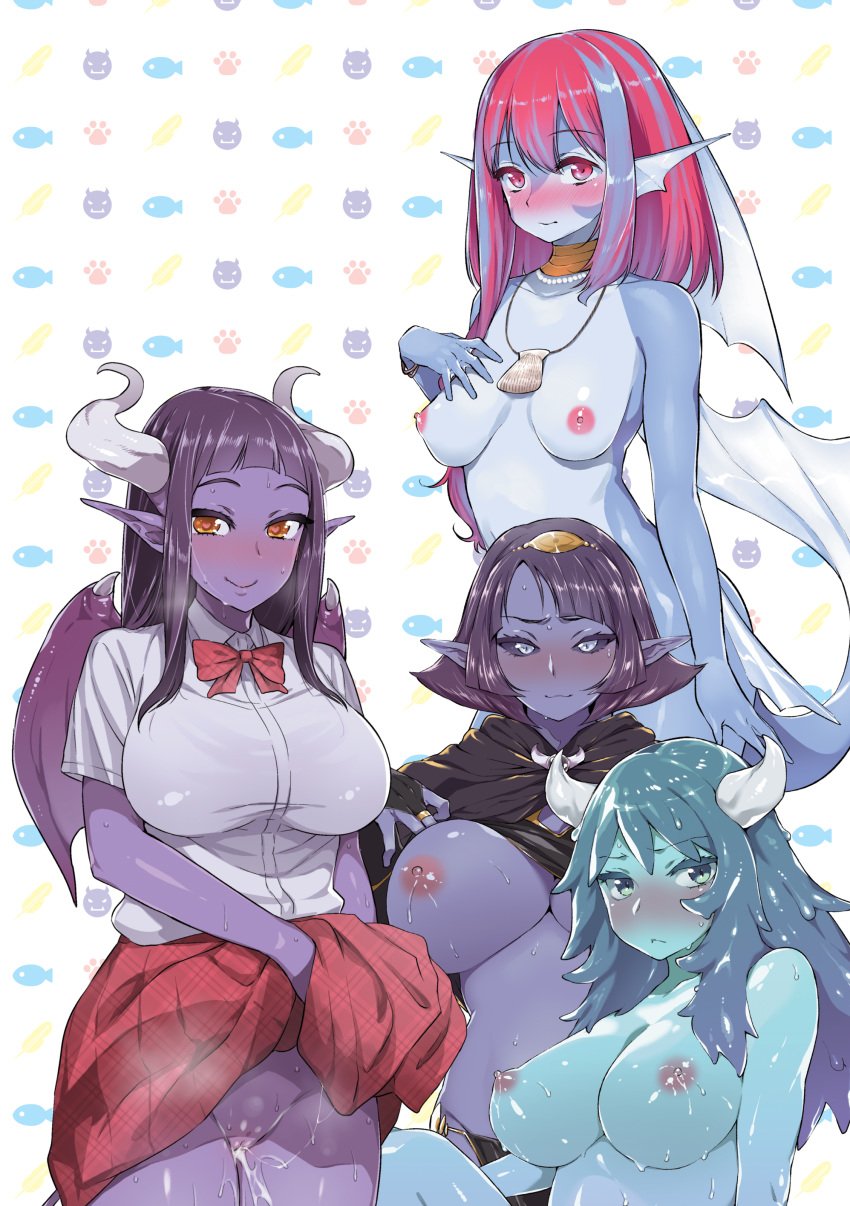 animal_ears breast_hold breasts cum digital_version horns lactation mermaid mizone naked nipples nopan pantsu pointy_ears pussy seifuku skirt_lift topless uncensored wet