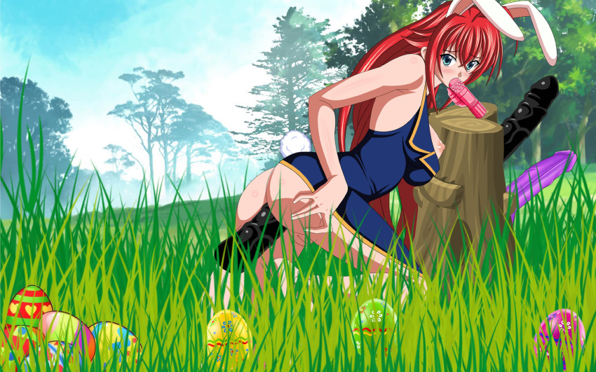 artemisumi big_breasts bunny_costume bunny_ear bunny_ears bunny_girl bunny_tail bunnysuit commission dildo dildo_in_ass dildo_in_mouth easter easter_bunny easter_egg easter_eggs fellatio grass grassland high_school_dxd nipples oral red_hair rias_gremory sex_toy sex_toys