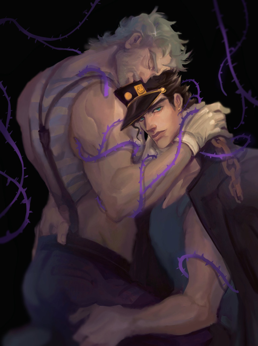 2boys age_difference arms_around_neck ass_grab beard black_hair blue_eyes closed_eyes ear_piercing earring earrings gay grandfather_and_grandson gray_hair grey_hair hand_in_pants hermit_purple incest jijimago jojo's_bizarre_adventure joseph_joestar jotaro_kujo magojiji male male_only old_joseph older_man_and_younger_boy seductive stand_(jjba) standcest stardust_crusaders viiiola_beet yaoi