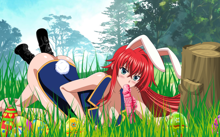 artemisumi big_breasts bunny_costume bunny_ear bunny_ears bunny_girl bunny_tail bunnysuit commission dildo dildo_in_ass dildo_in_mouth easter easter_bunny easter_egg easter_eggs fellatio grass grassland high_school_dxd oral red_hair rias_gremory sex_toy sex_toys