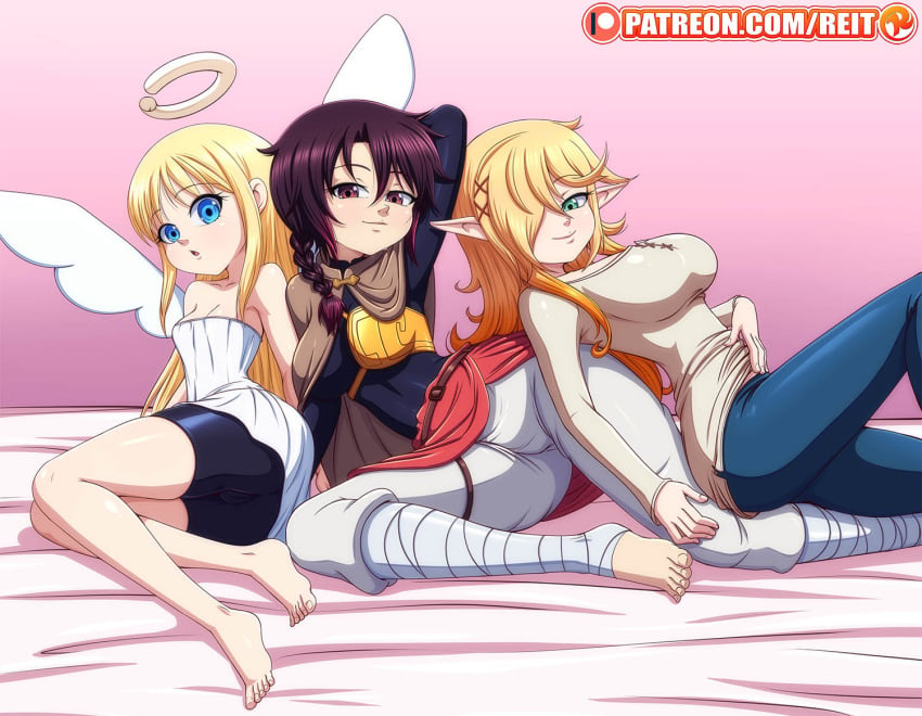 3girls angel angel_wings big_breasts black_hair blonde_hair blue_eyes brown_eyes canon_genderswap clothed crimvael elf female female_only fully_clothed genderswap_(mtf) ishuzoku_reviewers long_hair looking_at_viewer patreon pointy_ears posing reit rule_63 spats stunk zel_(ishuzoku_reviewers) zellie