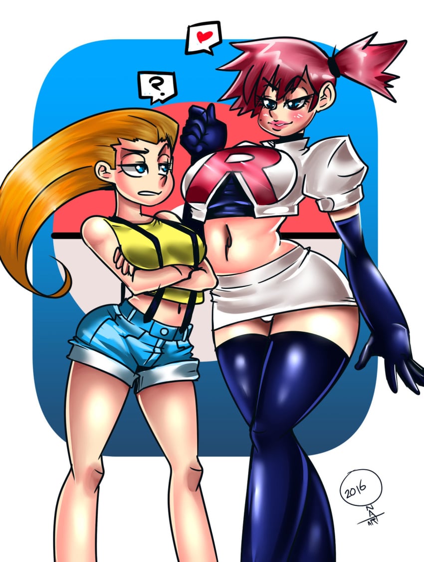 2girls ? alternate_breast_size alternate_outfit blue_eyes blush boots breasts clothed cosplay enemy_conversion female female_only gloves head_swap heart huge_breasts human jessie_(pokemon) jessie_(pokemon)_(cosplay) kasumi_(pokemon) kasumi_(pokemon)_(cosplay) large_breasts larger_female midriff nintendo onat onatart orange_hair panties pokemon pokemon_rgby purple_hair shirt size_difference skirt smaller_female source_request suspenders team_rocket thick_thighs thigh_boots thighhighs wide_hips