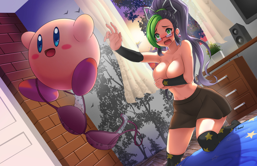 1boy 1girls absurdres bed bedroom black_hair blue_eyes blush bra bra_removed breasts clothes_theft clothing covering covering_breasts dutch_angle earrings embarrassed female glasses green_eyes green_hair hair_ribbon highres indoors kirby kirby_(series) large_breasts long_hair male midair miniskirt mischief oppaihobby original outstretched_arm pink_skin ponytail ribbon skirt star_print sunset thighhighs topless two_tone_hair very_long_hair window