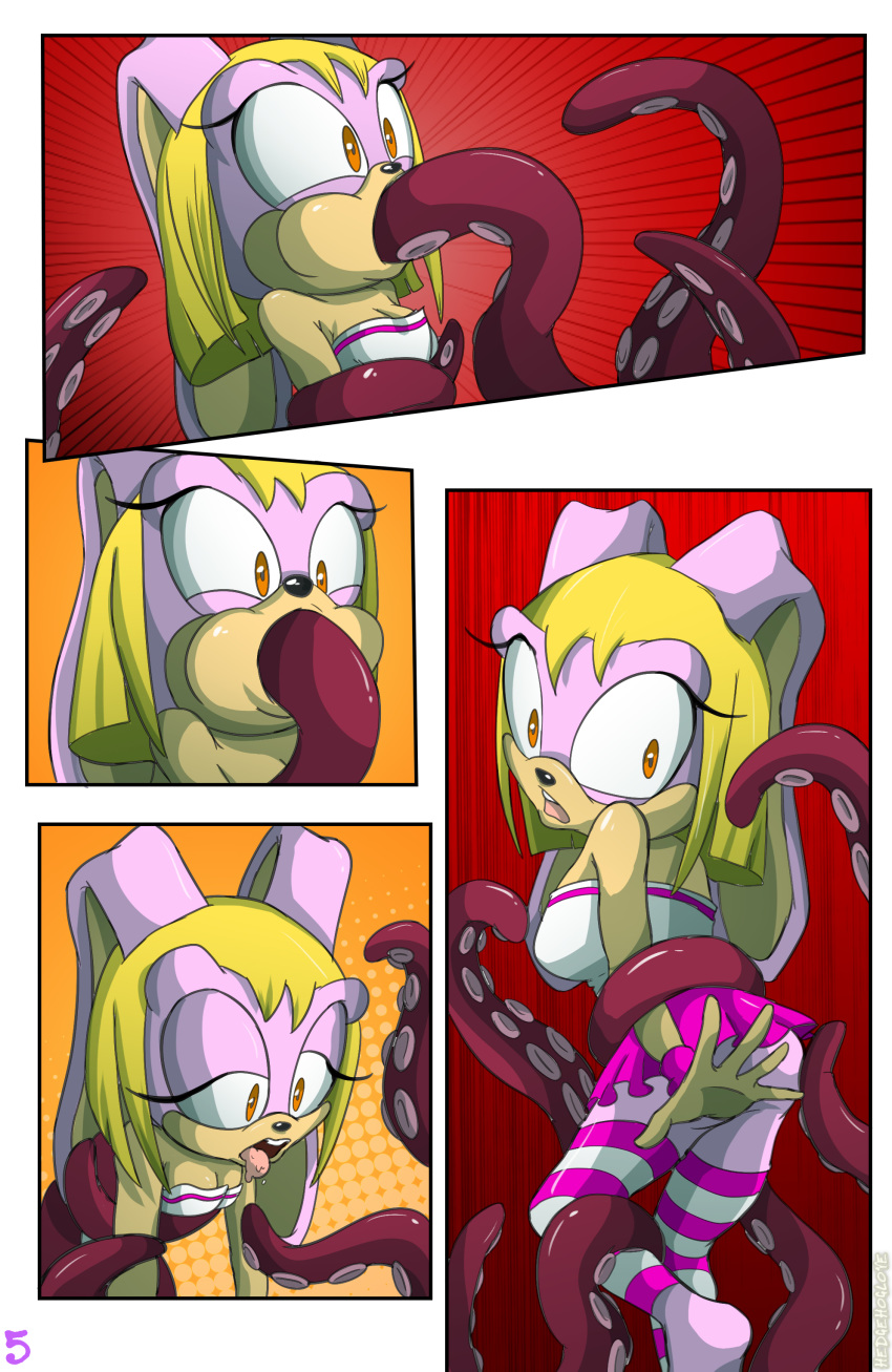 anthro blonde_hair brown_eyes comic female gaia_the_rabbit half-closed_eyes hedgehoglove mouth_open octopus page_5 pink_fur rabbit short_skirt skirt tentacle tentacle_in_mouth tentacle_rape tentacle_sex tentacles tongue tongue_out