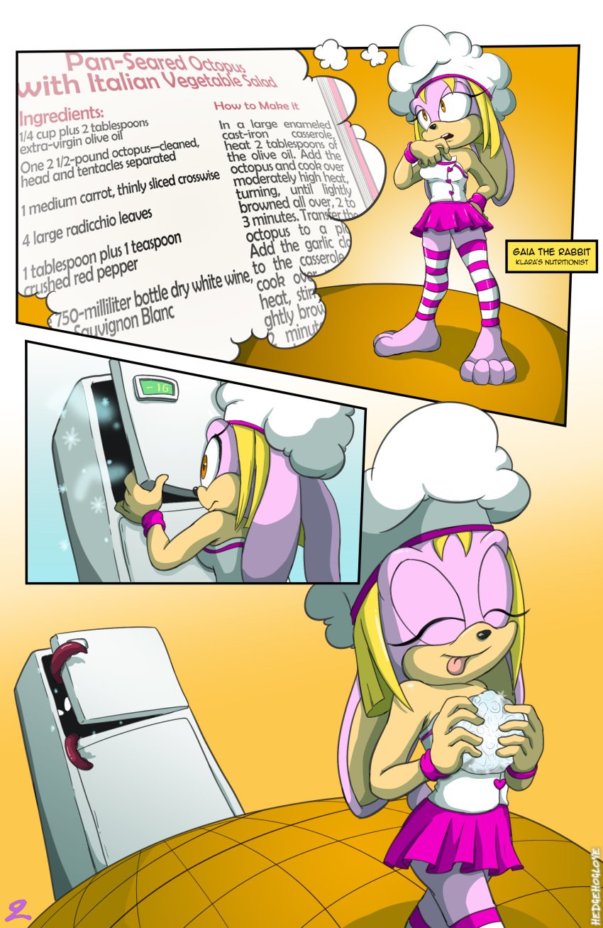 1girls anthro blonde_hair brown_eyes chef_hat eyes_closed female fidge freezer gaia_the_rabbit hedgehoglove kitchen page_2 pink_fur rabbit refrigerator smile tentacles tongue tongue_out