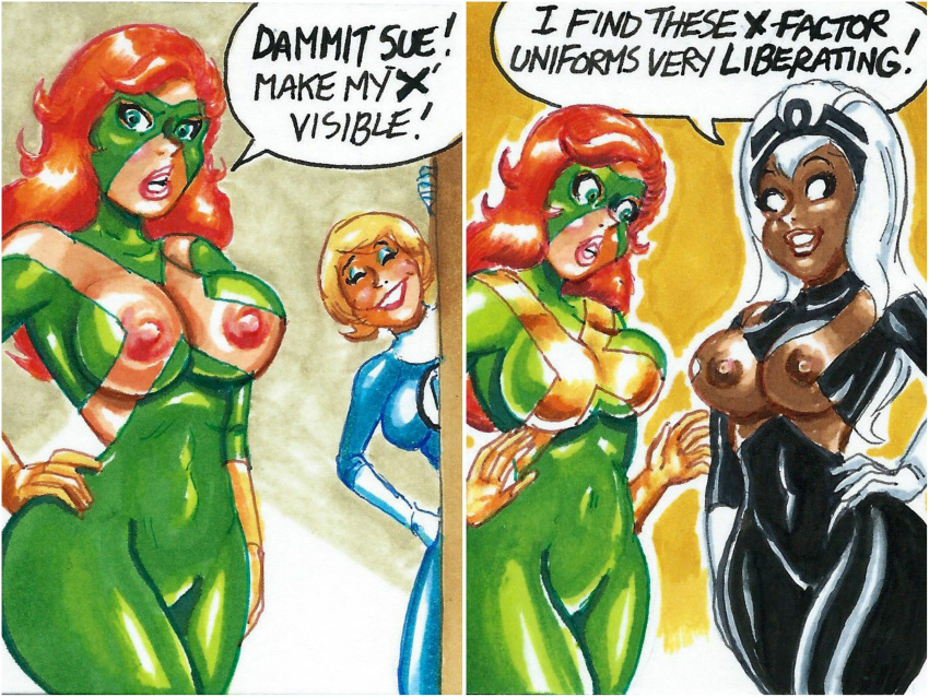 3girls areolae breasts clothing curvy dark-skinned_female dark_skin enf erect_nipples exibitionism fantastic_four female female_only humor invisible_woman jean_grey joe_gravel large_areolae large_breasts long_hair lost_clothes marvel marvel_comics multiple_girls nipples ororo_munroe red_hair sketch_card storm_(x-men) sue_storm traditional_media_(artwork) wardrobe_malfunction white_hair wide_hips x-men