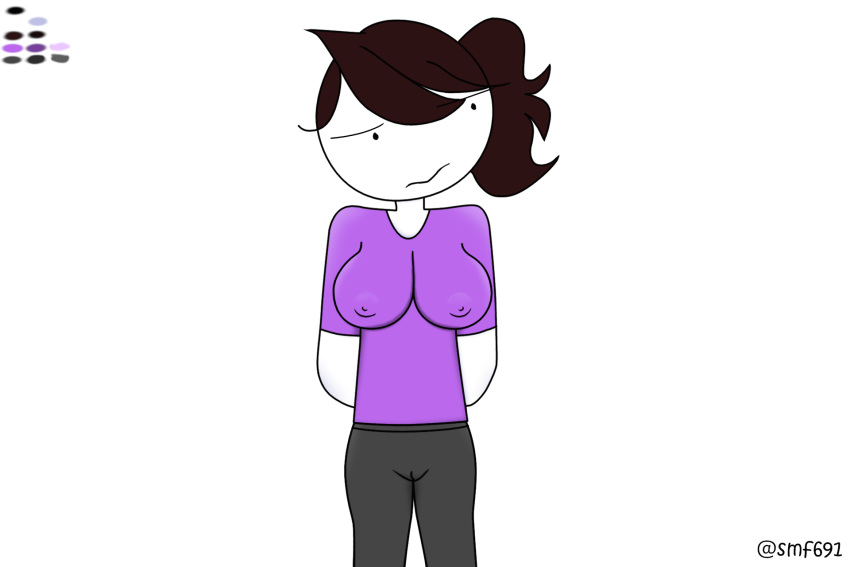 2020 cleavage color colored female impossible_clothes impossible_shirt jaiden jaiden_animations jaidenanimations large_breasts line_art looking_away mob_face nervous original_artwork shaded signed smf691_(artist) stretched_clothing thick_thighs vaginal_bulge wide_hips youtube youtuber