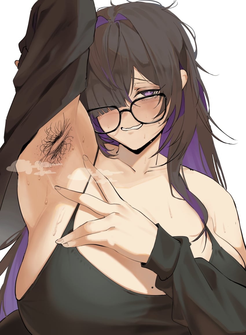 1girls armpit_fetish armpit_hair armpits arms_up female female_only glasses goddess_of_victory:_nikke hairy hairy_armpits huge_breasts label_(nikke) messy_hair nyahpa20 presenting_armpit solo steam steaming_body steamy_armpits sweat sweaty sweaty_armpits