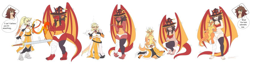 2019 absurd_res alternate_species animal_humanoid anthro anthro_to_humanoid armor ashwolves5 blonde_hair breasts darkness_(konosuba) dialogue dragon dragon_humanoid english_text female genitals hair hi_res human human_to_anthro humanoid kobold kono_subarashii_sekai_ni_shukufuku_wo! mammal megumin melee_weapon nipples non-mammal_breasts pussy red_body red_scales rule_63 satou_kazuma scales sequence shortstack shrinking simple_background size_difference smile species_transformation sword text transformation weapon white_background