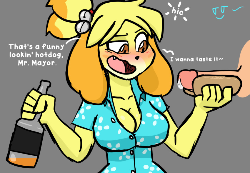 alcohol animal_crossing animal_crossing:_new_horizons beer bell_hair_tie beverage big_breasts blush breasts canid canine canis cleavage clothed clothing domestic_dog drunk english_text fang female food food_penetration food_play gray_background hiccuping hot_dog_bun hourglass_figure human humor isabelle_(animal_crossing) lemondude male mammal nintendo penis penis_hot_dog precum text video_games villager_(animal_crossing) yellow_eyes