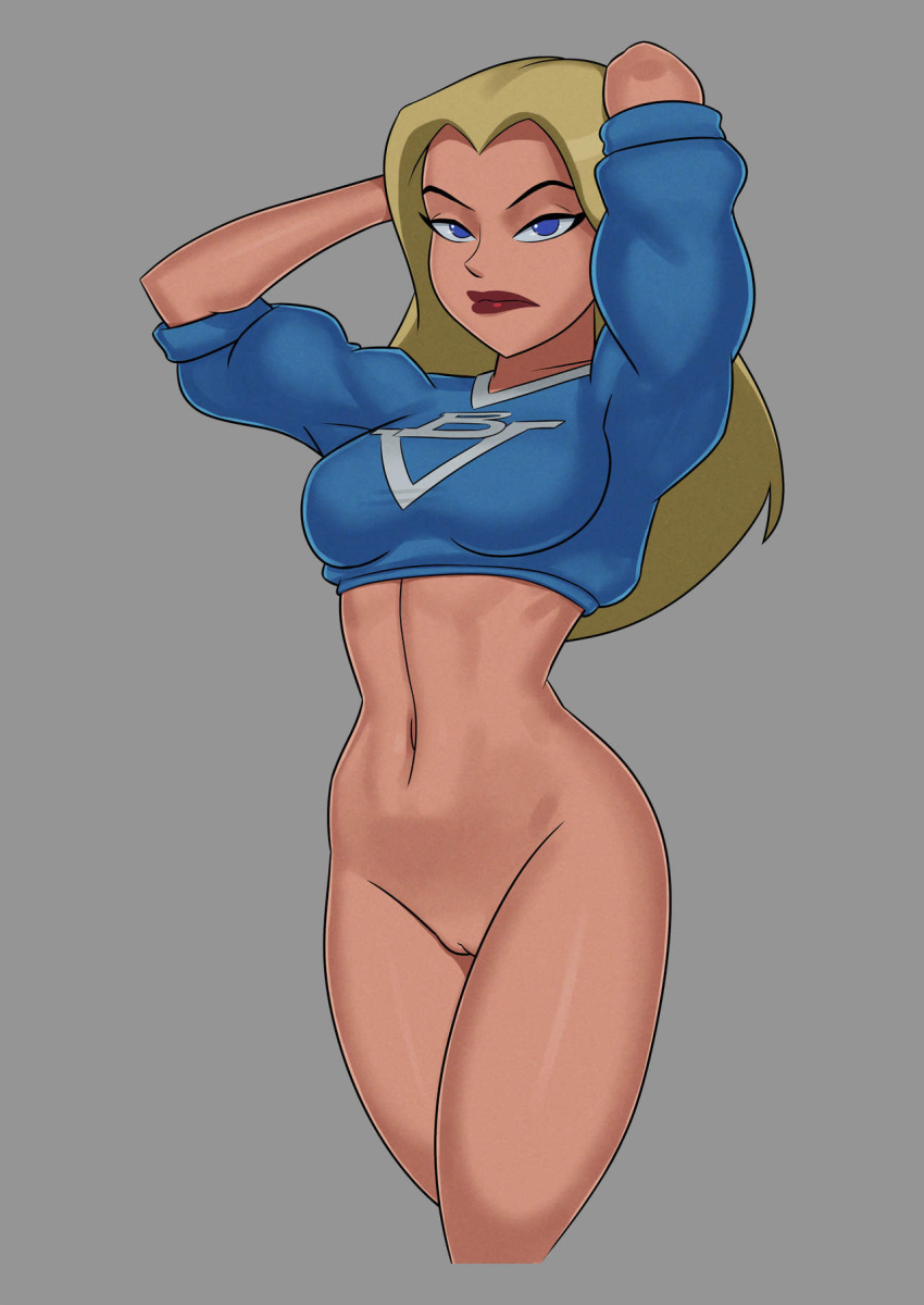 1girls athletic blonde_hair bottomless busty courtney_whitmore crop_top curvaceous curvy dc dc_comics dcau female female_focus female_only hands_behind_head hourglass_figure justice_league_unlimited long_hair navel pinup pose posing pussy shaved_pussy sleeves_rolled_up solo something_unlimited standing stargirl sunsetriders7 superheroine sweater tagme vagina voluptuous wide_hips