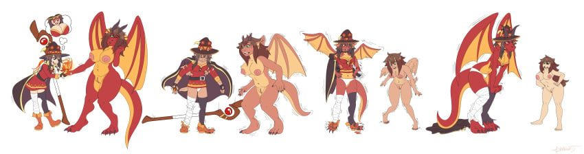 <3_eyes 2019 absurd_res alternate_species annoyed anthro anthro_to_human ashwolves5 breasts brown_hair clothing dragon duo female genitals hair hat headgear headwear heart hi_res horn_growth human human_to_anthro kono_subarashii_sekai_ni_shukufuku_wo! mammal megumin nipples nude pussy rule_63 satou_kazuma sequence simple_background species_transformation transformation underwear white_background wing_growth