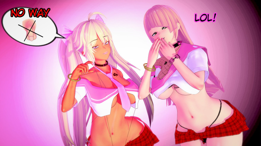 2girls 3d cold_(numbersguy) dark-skinned_female dark_skin exposed_midriff female koikatsu laughing light-skinned_female light-skinned_male light_skin long_hair numbersguy original pinching_gesture queen_of_spades school_uniform schoolgirl schoolgirls small_penis small_penis_humiliation string_panties tattoo warm_(numbersguy)