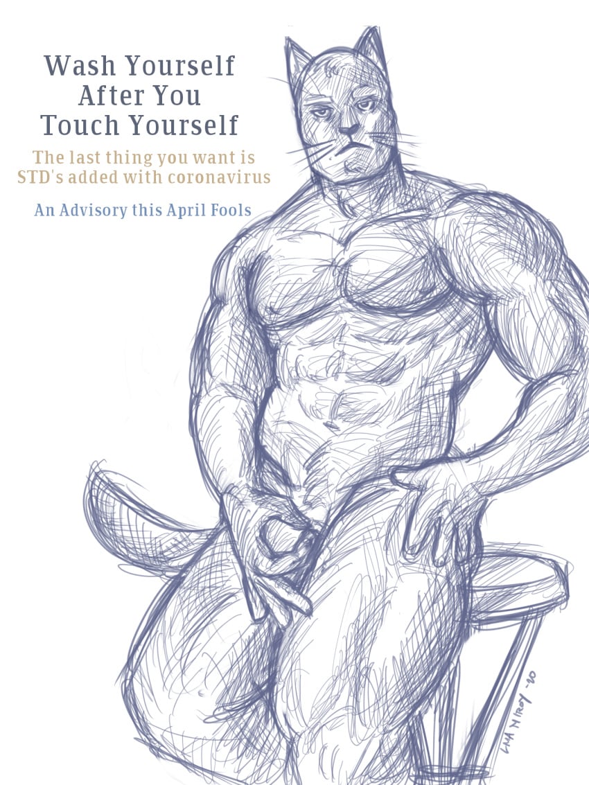 2020 3:4 advice alexyorim anthro april_fools barazoku circle_game domestic_cat english_text fan_character felid feline felis hi_res janus_(alexyorim) looking_at_viewer male male_only mammal muscular nude okay_sign solo text