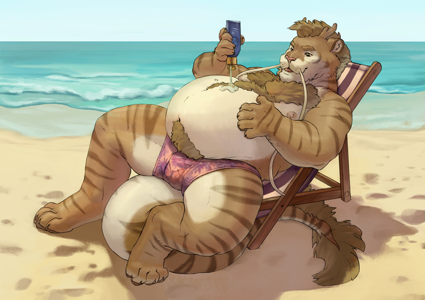 anthro beach beach_chair belly body_hair chest_hair chubby-shark clothed clothing domestic_cat felid feline felis fish happy_trail hybrid male male_only mammal marine outside overweight overweight_male public seaside shark sitting sky solo sunscreen water