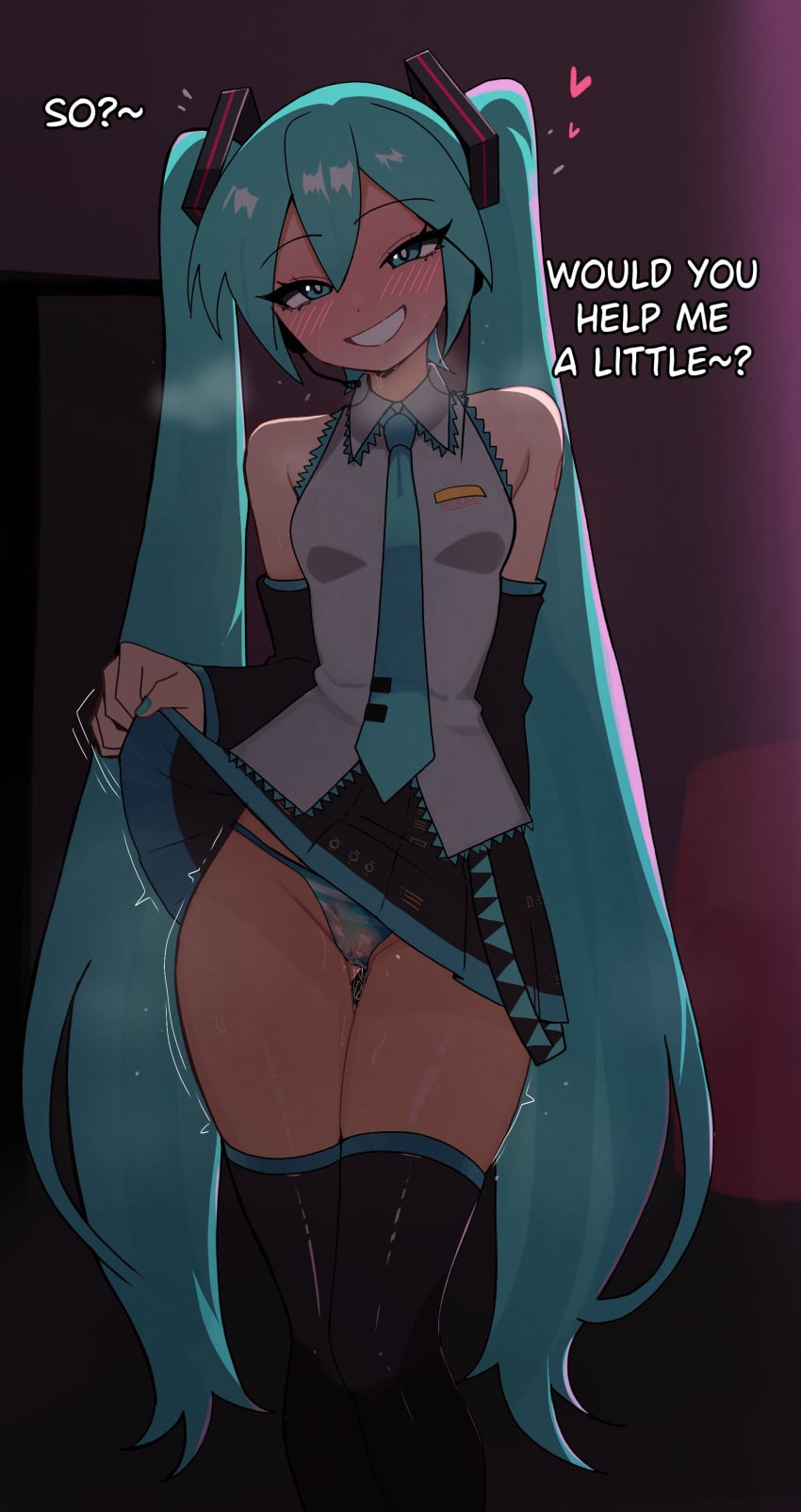 1girl 1girls aqua_eyes aqua_hair aqua_nails aroused ass_visible_through_thighs backstage bare_shoulders black_skirt black_thighhighs blue_panties blush breasts clothes_lift dark_room detached_sleeves english_text eyelashes female female_only geerux grin hair_between_eyes hatsune_miku head_tilt headset heart hearts hips indoors knees_together_feet_apart legwear lifted_by_self lifting_skirt light-skinned_female light_skin long_eyelashes long_hair looking_at_viewer nail_polish narrow_waist naughty_face necktie panties pleated_skirt pov presenting presenting_panties pussy_juice pussy_juice_drip pussy_juice_drip_through_clothes pussy_juice_stain see-through see-through_panties shimapan shirt skindentation skirt skirt_lift sleeveless sleeveless_shirt small_breasts smile smirk solo standing stockings striped striped_panties suggestive sweat sweatdrop talking_to_viewer text thigh_gap thighhighs thighs tie twintails underwear very_long_hair vocaloid waist wet_panties white_shirt