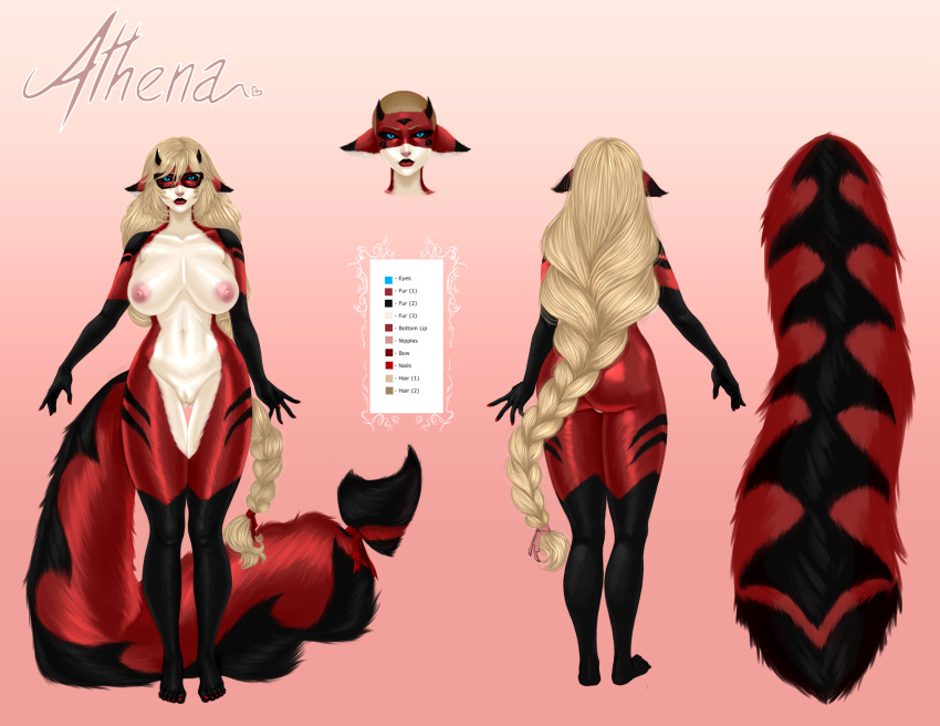 areolae artist_request ass athena_(dicknation) black_sclera blonde_hair blue_eyes braid breasts cat_ears cat_girl character_sheet color_swatch demon_horns female fur furry glasses horns hybrid large_breasts large_tail long_hair nipples nude pussy solo tail turnaround