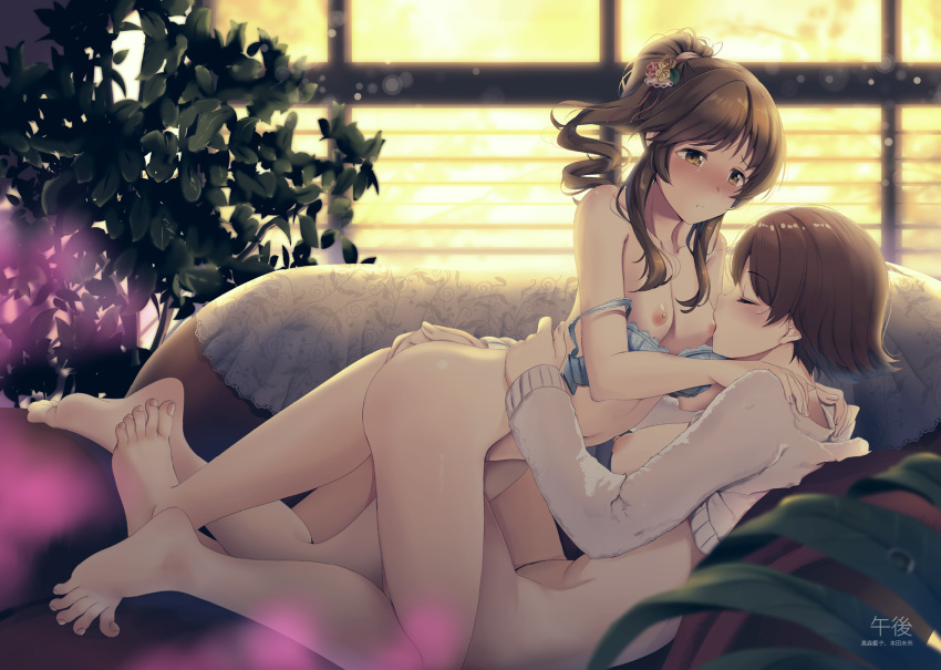 2girls ass barefoot blush bra breasts brown_eyes brown_hair casino_(artist) couch fingering honda_mio idolmaster idolmaster_cinderella_girls long_hair multiple_girls nipples nopan ponytail short_hair takamori_aiko underwear yuri