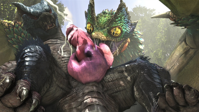 3d 4_toes barlu bird_wyvern bodily_fluids capcom claws cum cumshot dragon duo ejaculation feral flying_wyvern genital_fluids genitals hi_res licking long_tongue male masturbation monster_hunter nargacuga oral paws penetration penile penile_masturbation penis penis_lick pukei-pukei scales scalie sex source_filmmaker teeth toes tongue tongue_out tonguejob video_games wings wyvern