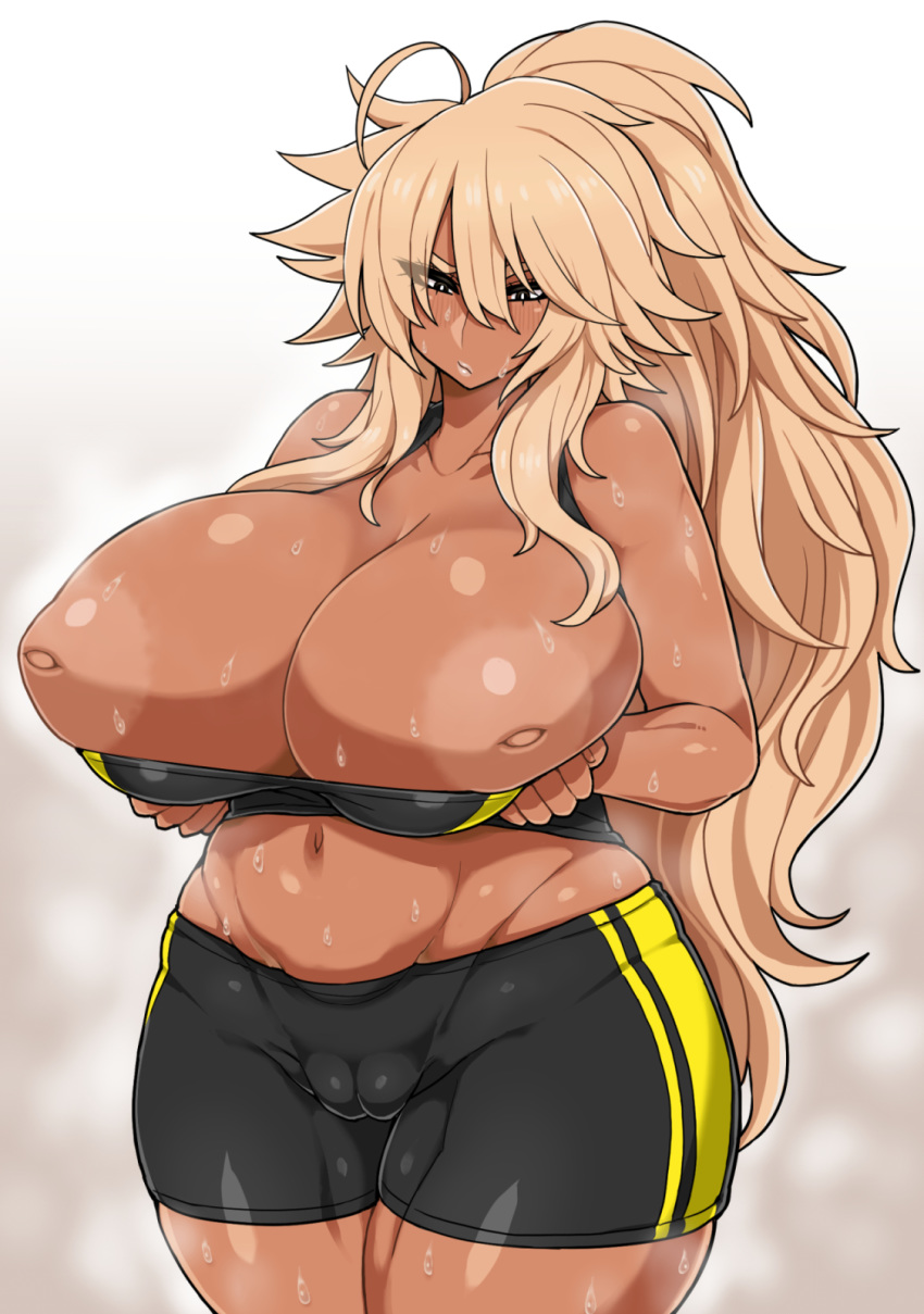 1girls big_breasts blonde_hair cameltoe female gyaru huge_breasts inverted_nipples kurokagami_ryuuko large_breasts long_hair otogi_tetsurou ponytail solo sweat sweatdrop tan thick