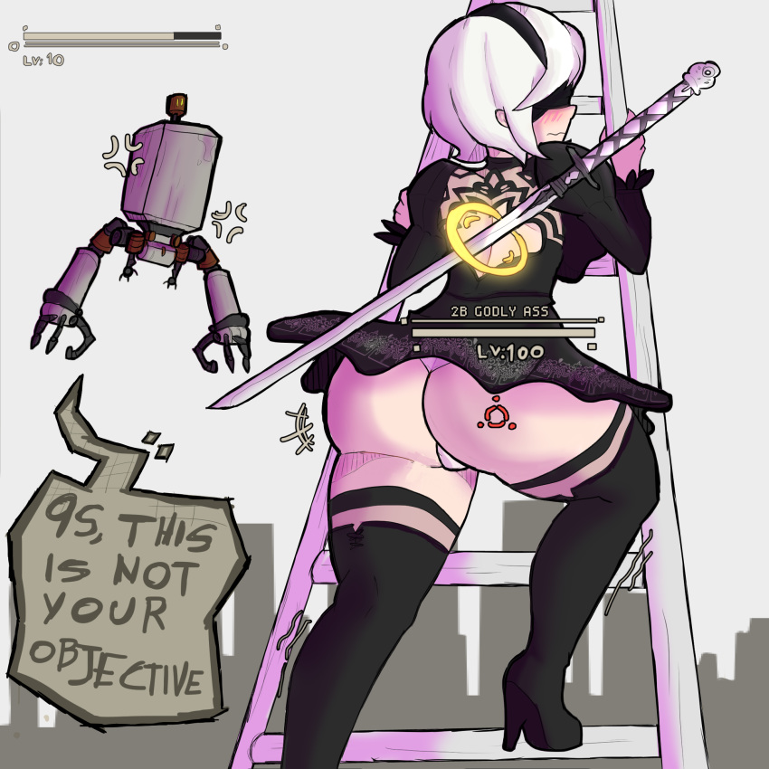 1girls anger_vein angry ass ass_focus black_dress blindfold blush breast_press breasts climbing_ladder dat_ass dialogue dress el_rincon_de_amber embarrassed english_text female female_only footwear gameplay_mechanics hairband high_heel_boots high_heels huge_ass huge_breasts katana ladder melee_weapon minidress nier:_automata pod_(nier) pov puffy_sleeves robot short_hair sideboob solo speech_bubble sword sword_on_back talking_to_viewer text thick_thighs thigh_boots upskirt voluptuous weapon white_hair white_panties wide_hips yorha_2b