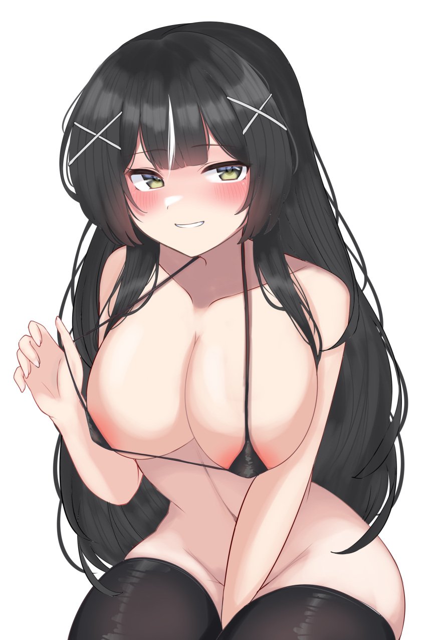 1girls 2d 2d_(artwork) 2d_artwork aaliyah_(balanced_craftwars) alternate_version_available balanced_craft_wars bikini blush blushing_at_viewer breasts_out dark_hair hair_ornament half-dressed half_naked looking_at_viewer nipple_slip roblox roblox_game stockings white_background white_hair_on_black_hair xkittyzx