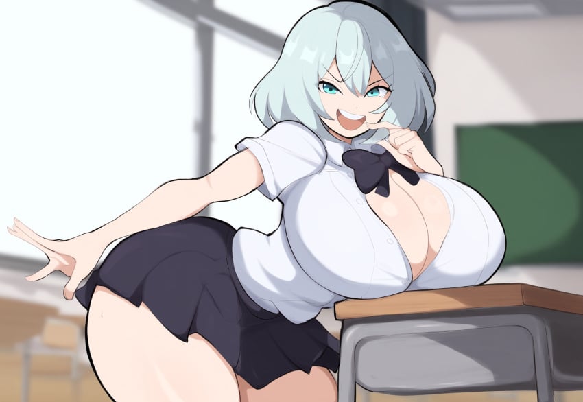 ai_generated curvy hourglass_figure huge_breasts mullon novelai school_uniform schoolgirl solo tejina_senpai tejina_senpai_(character) thick_thighs white_hair