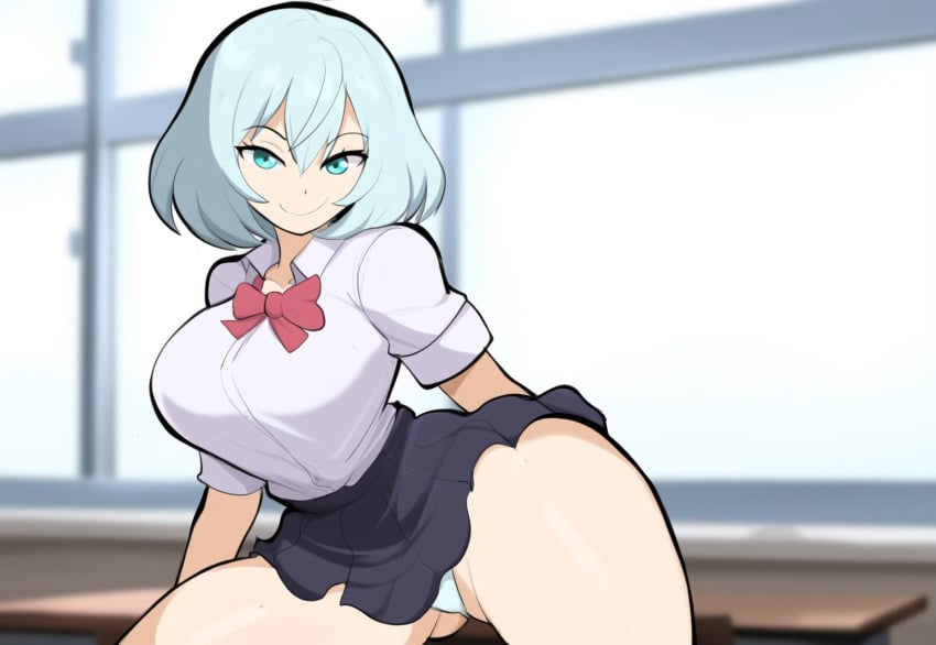 ai_generated curvy hourglass_figure large_breasts mullon novelai panties school_uniform schoolgirl seductive seductive_look solo tejina_senpai tejina_senpai_(character) thick_thighs white_hair