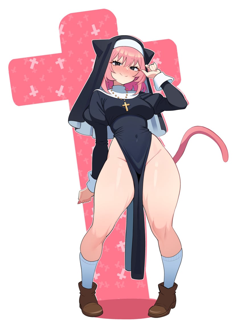 big_breasts blush cross_necklace female large_breasts maidcousin nun pink_hair smile solo standing tail thick_thighs