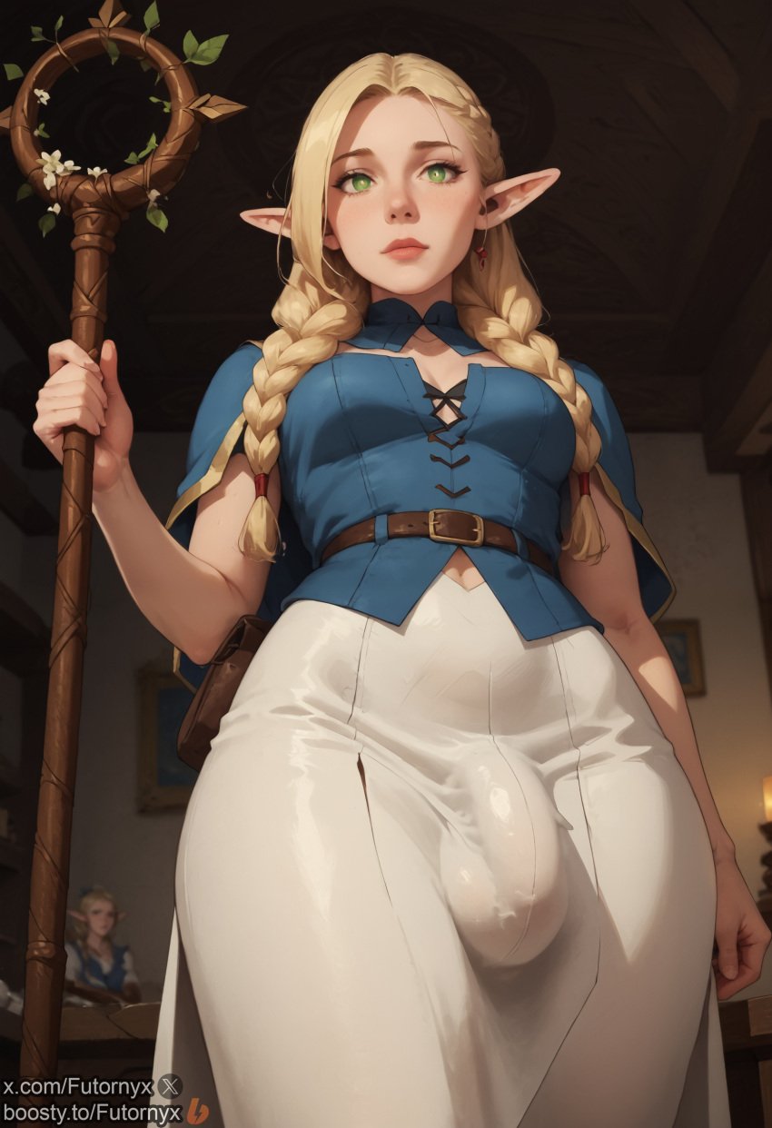 1futa ai_generated blonde_hair blonde_hair blush blush bulge delicious_in_dungeon dungeon_meshi elf elf_ears from_below futanari futornyx glowing_eyes green_eyes marcille_donato penis_bulge small_breasts solo staff standing tagme wide_hips