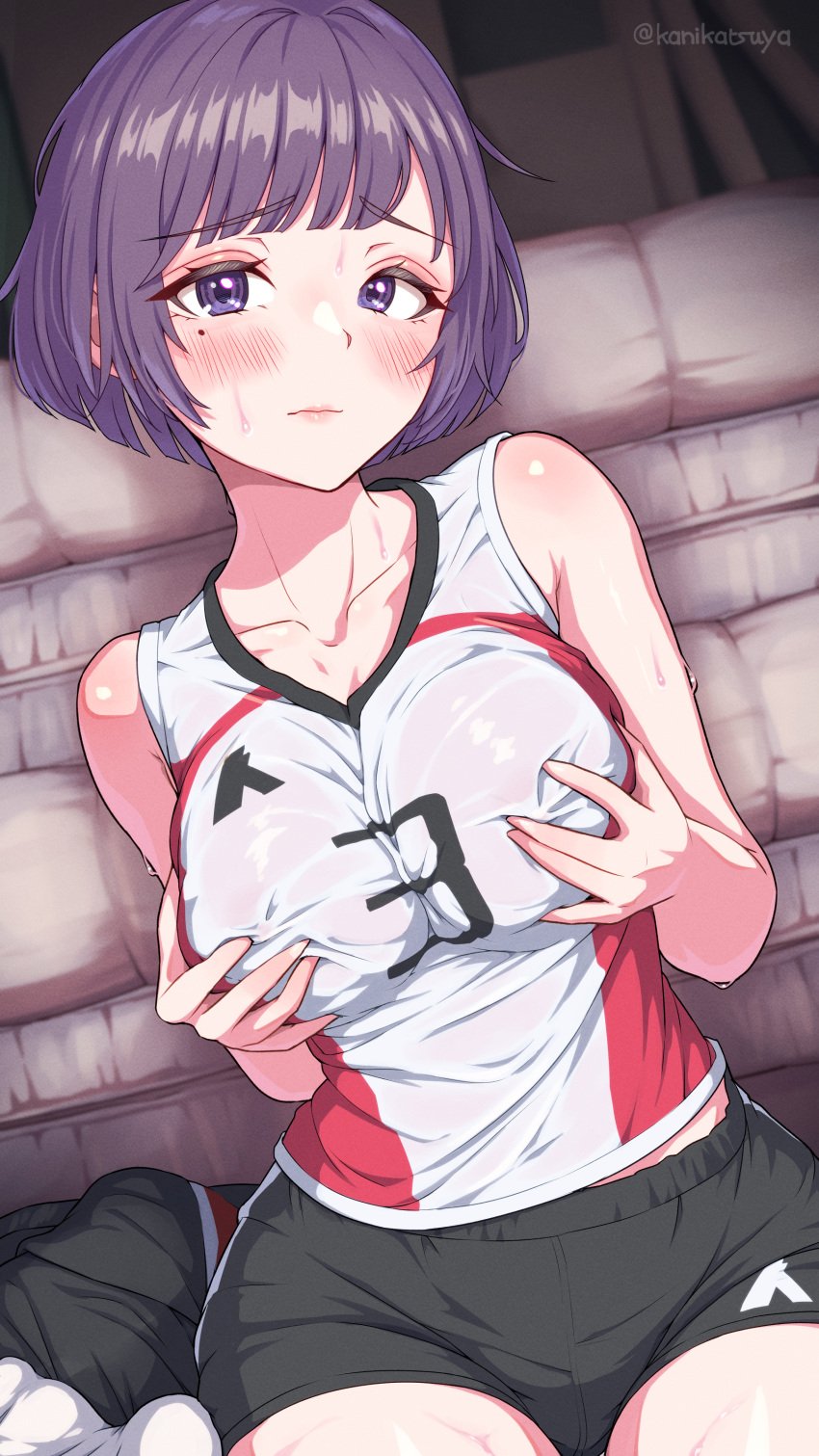 absurdres areola_slip black_shorts blush breasts collarbone female frown grabbing_own_breast groping groping_breast highres huge_breasts jersey kanikatsuya mole_under_eye original purple_eyes purple_hair see-through_shirt short_hair shorts socks solo sportswear sweat two-tone_shirt volleyball_uniform wet_shirt white_socks